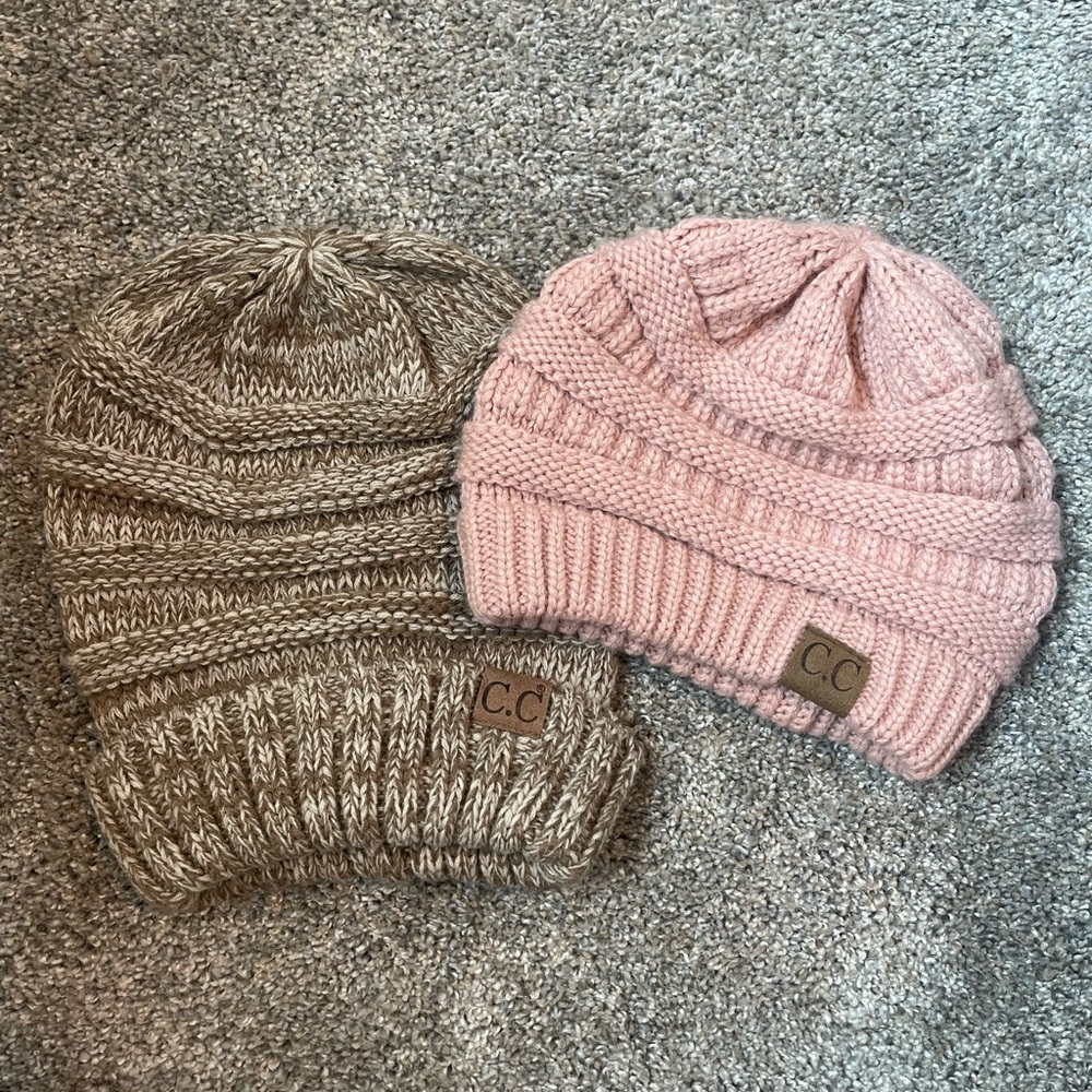 C.C Knit Beanie Set Pink and Tan Accessories